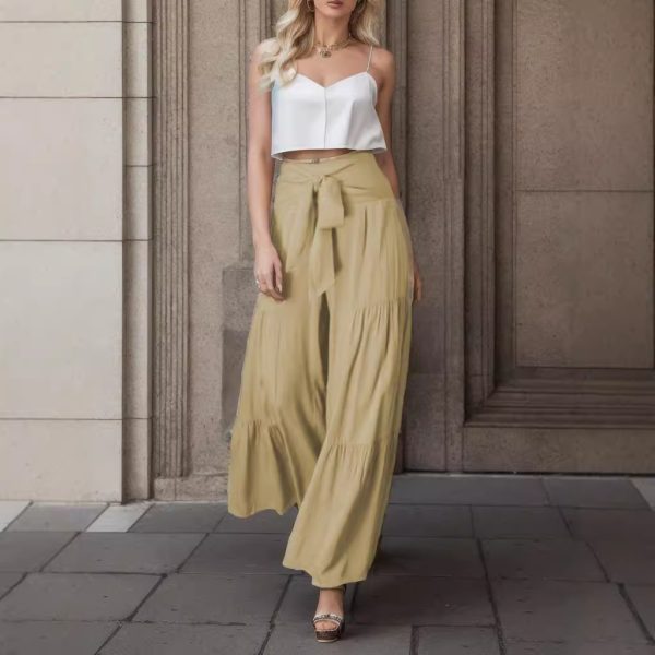 Women's Fashion Tie Elastic Waist Pleated Wide-leg Pants - Image 4