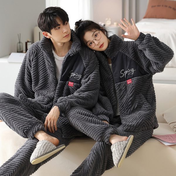 Flannel Couple Pajamas Men's Autumn And Winter Thickened Keep Warm New Zipper Cardigan Cute Coral Fleece Homewear - Image 6