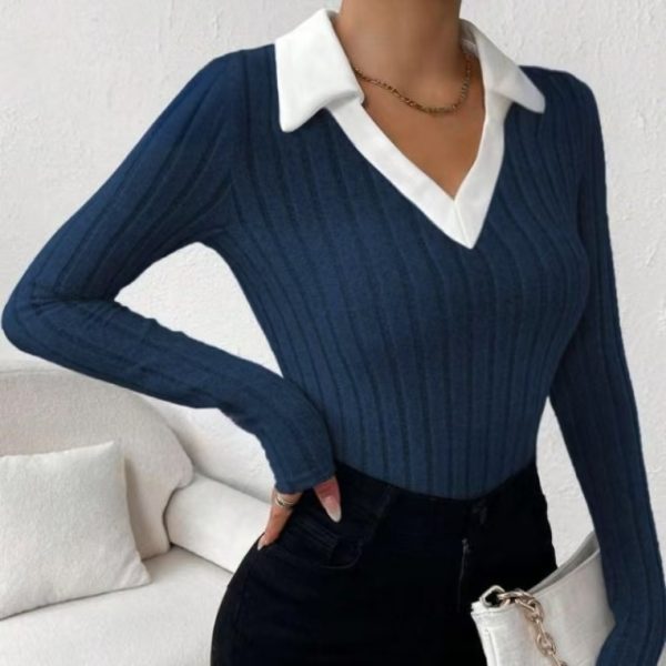 Ladies' Fashion Elegant Solid Color Long Sleeve Autumn Winter POLO Collar Fake Two Piece T-shirt Top Elegant Customization - Image 5