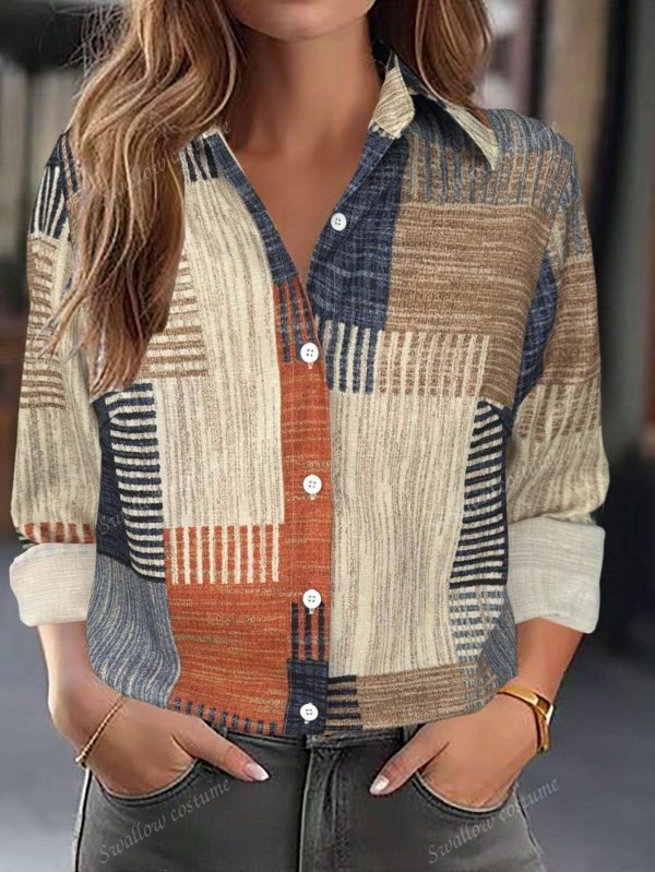 Color Block Button Print Long Sleeve Casual Retro Shirt - Image 2