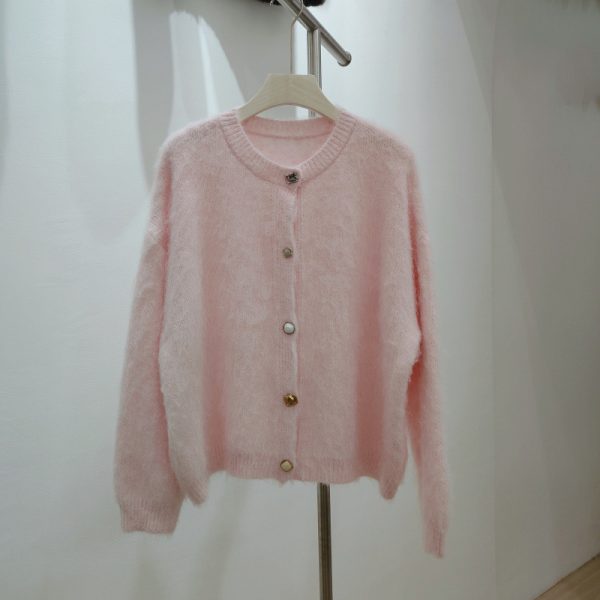 Round Neck Soft Sticky Mohair Knitted Cardigan Women's Long Sleeve Sweater Coat - Image 3