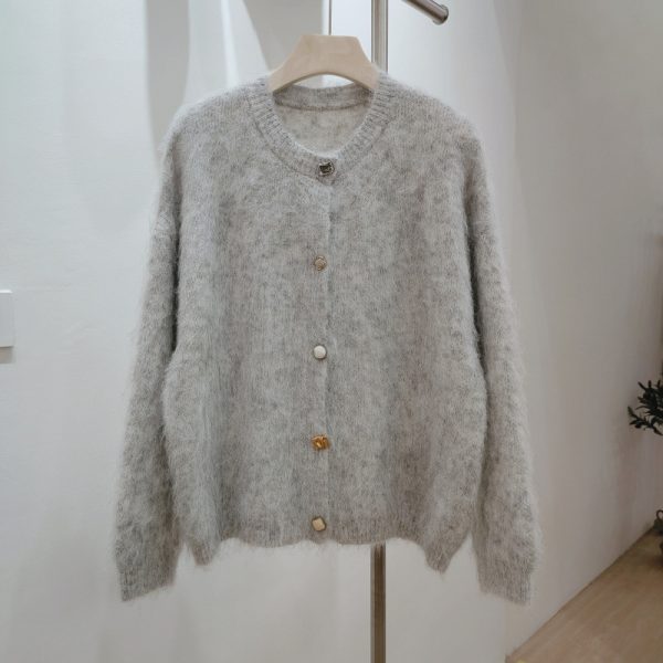 Round Neck Soft Sticky Mohair Knitted Cardigan Women's Long Sleeve Sweater Coat - Image 4