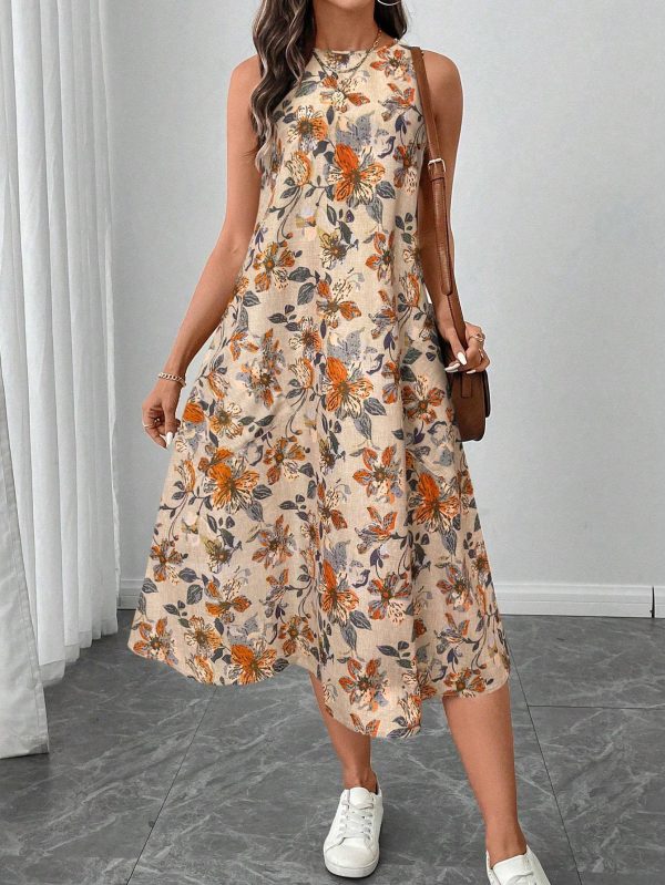 Round Neck Sleeveless Flared Hem Retro Floral Print Casual Elegant Midi Dress - Image 3