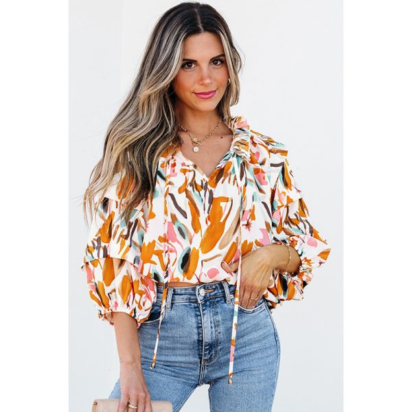 European And American Fashion Colorblock Printed V-neck Chiffon Shirt Women - Image 2