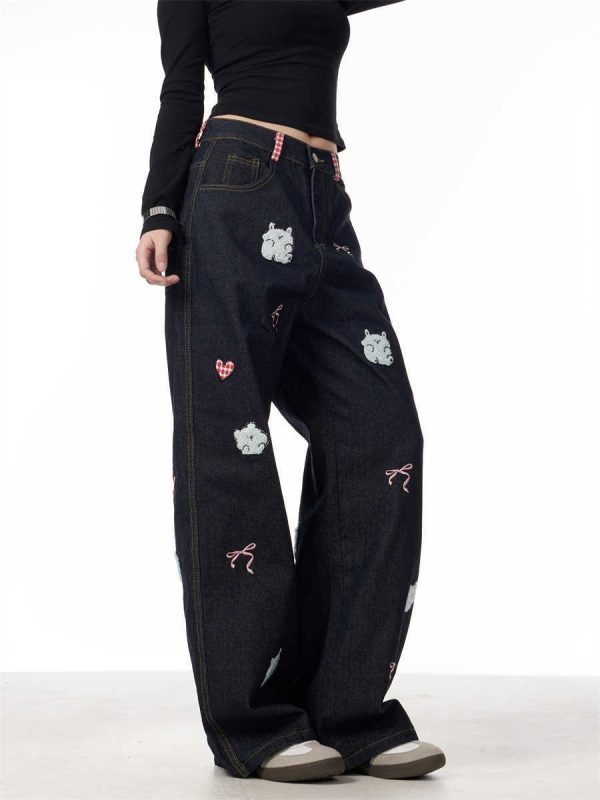 Jeans Female Lamb Embroidery Retro Straight-leg Pants - Image 6