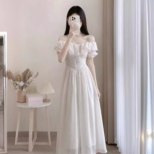 Summer French Style High-grade Off-shoulder White Dress Women - Image 3