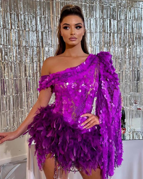 Purple Sequined Feather Skirt One-shoulder Sleeve Short Dress Luxury Party Stage Performance Dress - Image 8