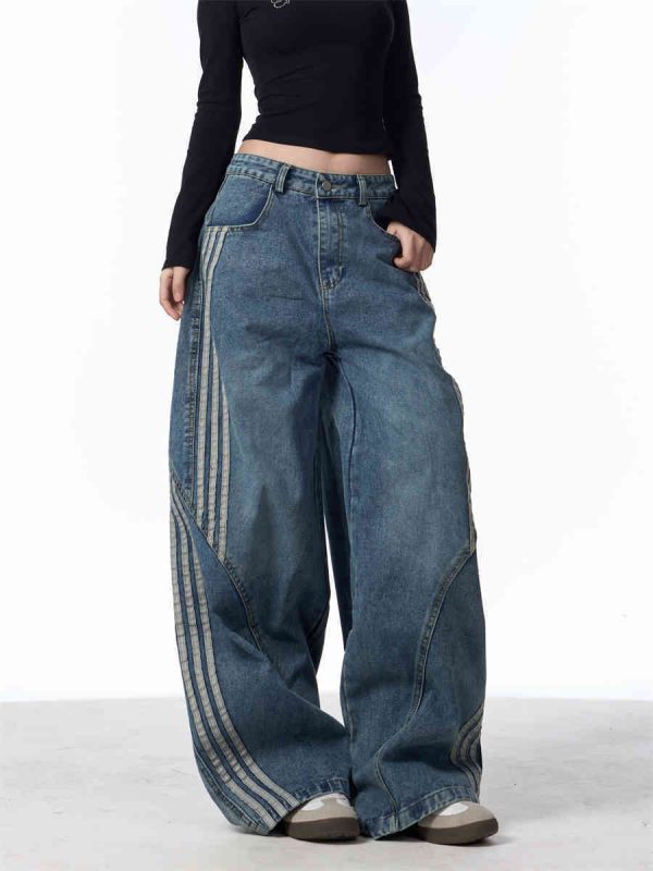 Retro Washed Jeans Women's Striped Stitching Wide-leg Pants - Image 4