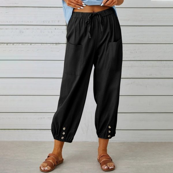 Loose High Waist Button Cotton And Linen Trousers Cropped Pants Wide Leg Women's Pants - Image 3