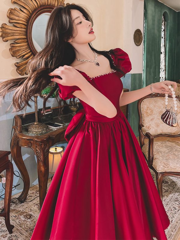 Winter Wine Red Engagement Daily French Princess On The Run Satin Dress - Image 9