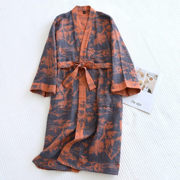 Couple Cotton Loose Bathrobe Lace Bathrobe Women's Double Jacquard Pajamas - Image 4