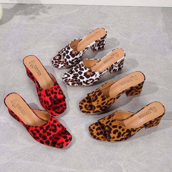 Leopard Square Toe Sandals Summer High-heeled Slippers Chunky Heel Shoes For Women - Image 2