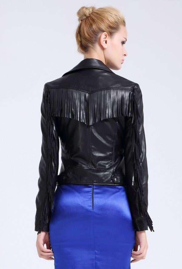 European And American Tassel Oblique Zipper Leather Women's Slim Coat Motorcycle Street - Image 3