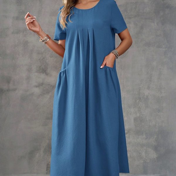 Women Solid Color Dual Pocket Casual Beach Dress