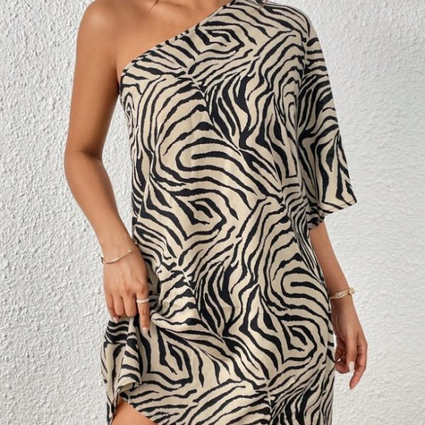 Women's Casual Asymmetrical Collar Zebra Print Vacation Dress