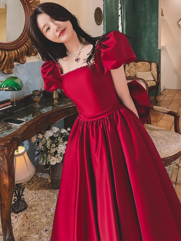 Winter Wine Red Engagement Daily French Princess On The Run Satin Dress - Image 7