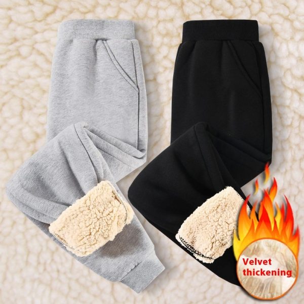 Children's Fleece-lined Thick Lambskin Pure Color Warm Keeping Sweatpants - Image 2