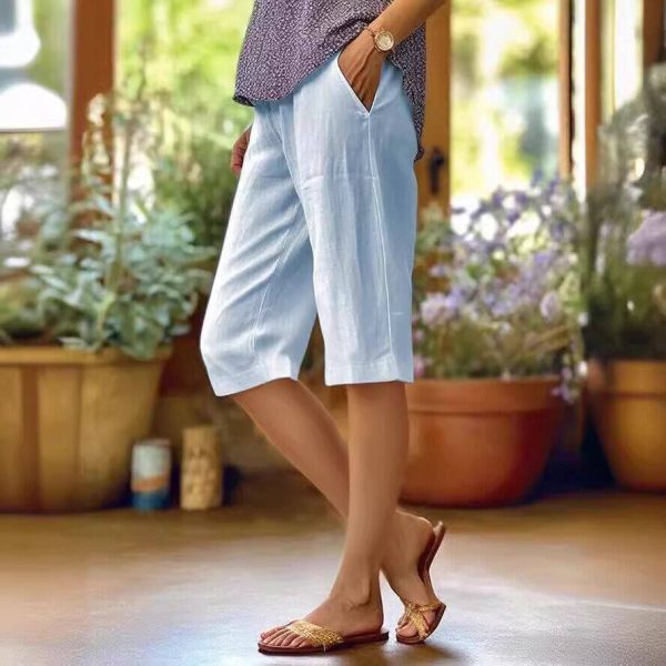 Women's Cotton And Linen Loose Elastic Waist With Pocket Straight-leg Pants - Image 10