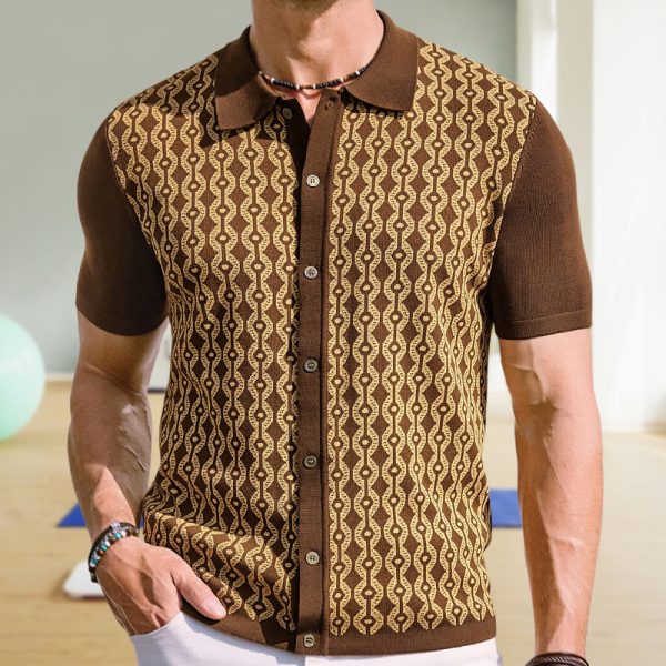 Summer Tencel Short-sleeved Sweater Lapel Jacquard Cardigan For Men - Image 3