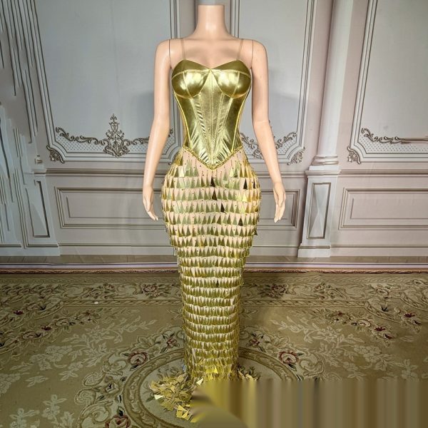 Golden Bright Surface Bandage Design Tight Waist Slimming Mermaid Day Formal Dress - Image 5