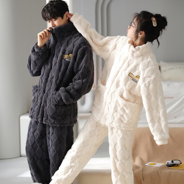 Flannel Couple Pajamas Men's Autumn And Winter Thickened Keep Warm New Zipper Cardigan Cute Coral Fleece Homewear - Image 8