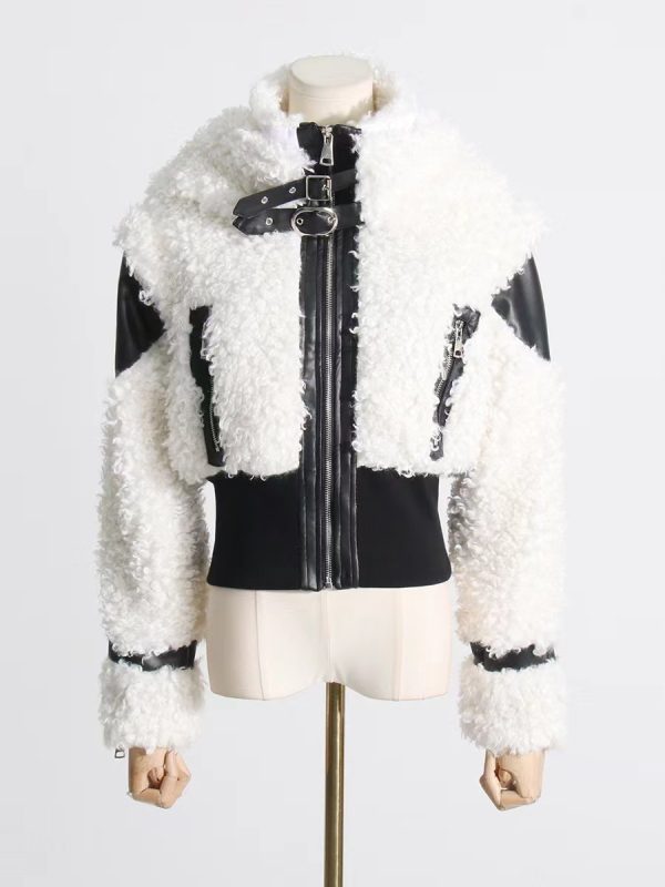 Women's Lamb Wool Stitching PU Leather Zipper Jacket - Image 6