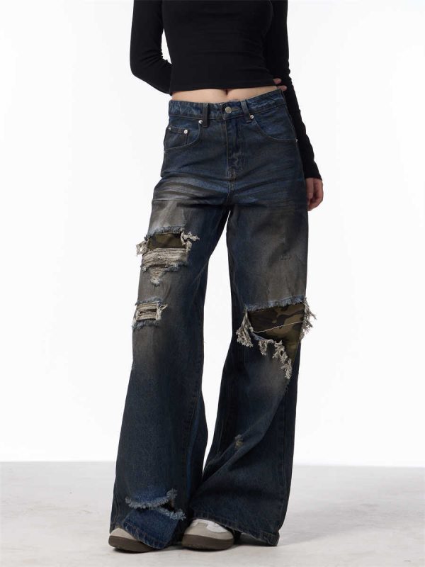 Distressed Camouflage Patch Ripped Jeans Women Loose Straight-leg Wide-leg Pants - Image 3