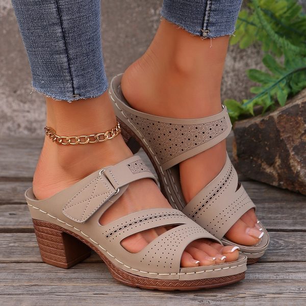 Square-heeled Peep-toe Slides Shoes Summer Casual Chunky Heel Sandals Solid Color Slippers - Image 8