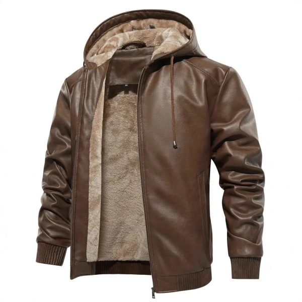 Winter Fleece-lined Men's Casual All-matching Hooded Leather Coat Coat - Image 3