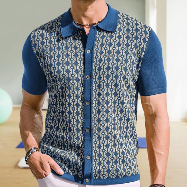 Summer Tencel Short-sleeved Sweater Lapel Jacquard Cardigan For Men - Image 8