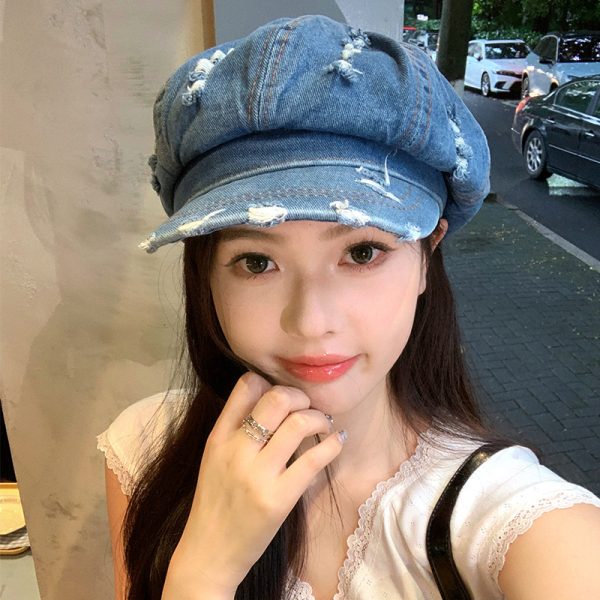 Retro Make Old Ripped Denim Beret Women