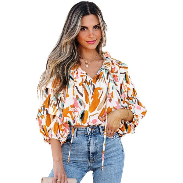 European And American Fashion Colorblock Printed V-neck Chiffon Shirt Women - Image 6