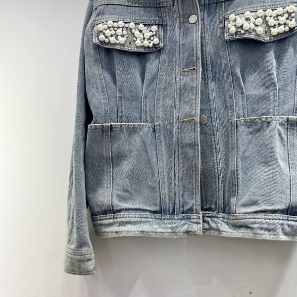 Vintage Denim Jacket Women's Washed Waist Heavy Industry Beads - Image 3