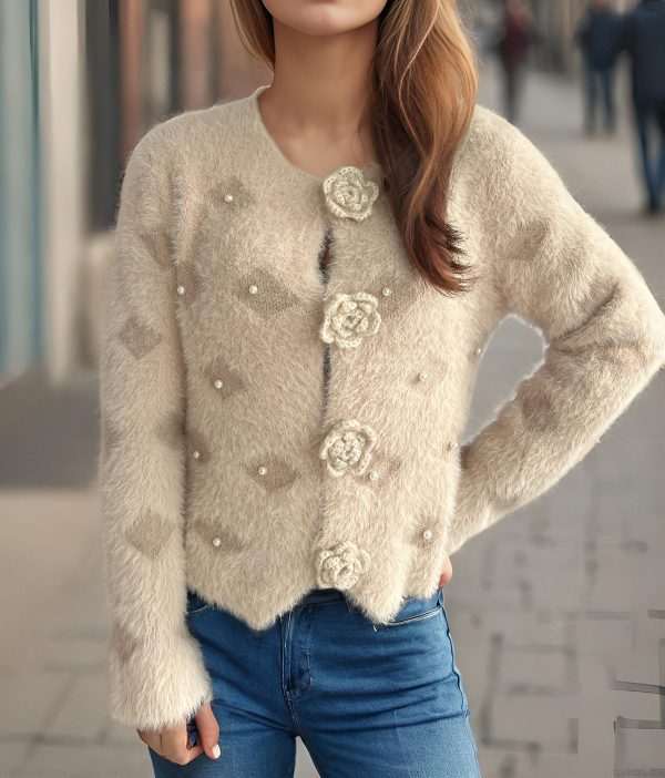 Beads Rhinestones Three-dimensional Flower Button Sweater - Image 10