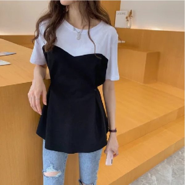 All-matching Graceful Fake Two-piece Mid-length Short-sleeved T-shirt - Image 7