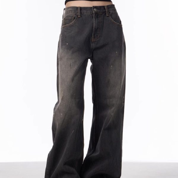 Retro Washed Splash-ink Straight Jeans For Women Loose Straight Trousers