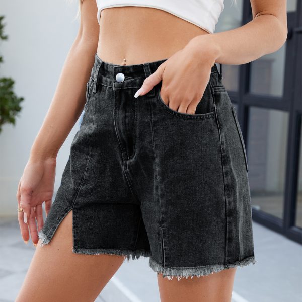 Women's Washed Denim Shorts Frayed Hem Split Hot Pants - Image 3