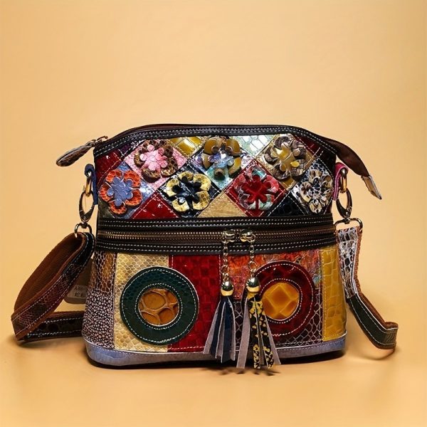 Genuine Leather Serpentine Color Handmade Casual Daily Tassel Flowers Shoulder Messenger Bag For Women - Image 5