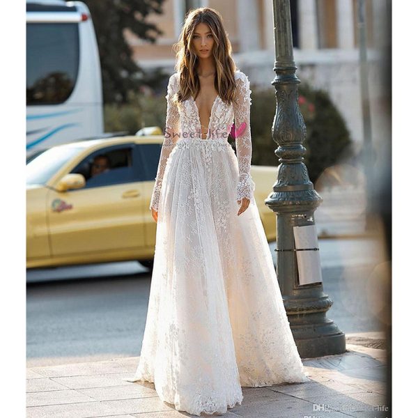 Women's Wedding Dress Lace Long Sleeve Dinner Party Gown - Image 3