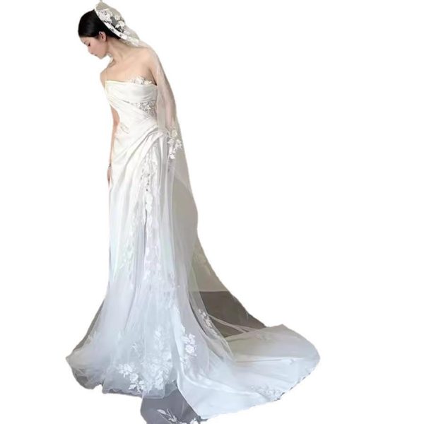 Satin Lace Wedding Veil Tube Top Fishtail Wedding Dress - Image 5