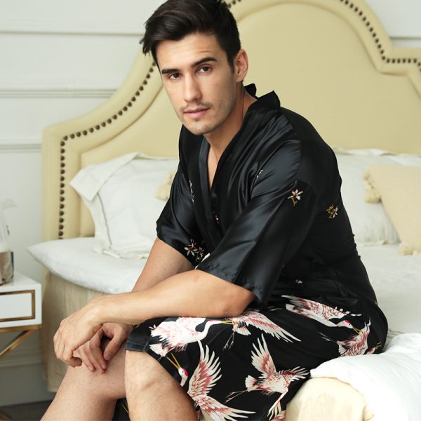 Mid-length Printed Artificial Silk Nightgown Men's Groom Best Man Morning Gowns Sexy Pajamas - Image 6