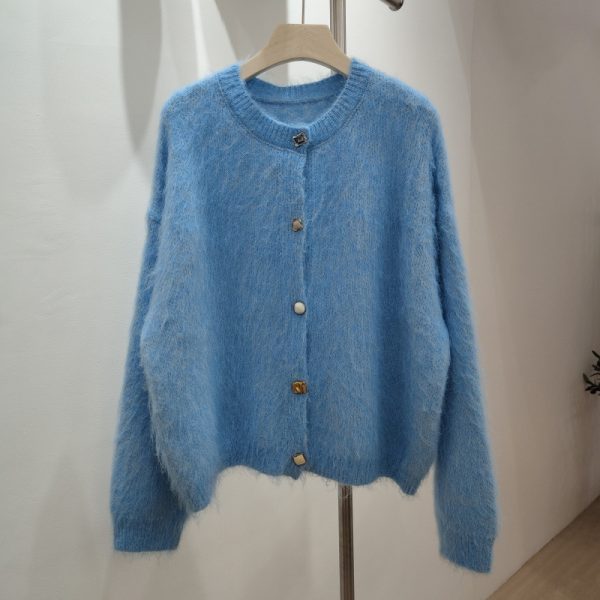 Round Neck Soft Sticky Mohair Knitted Cardigan Women's Long Sleeve Sweater Coat - Image 2