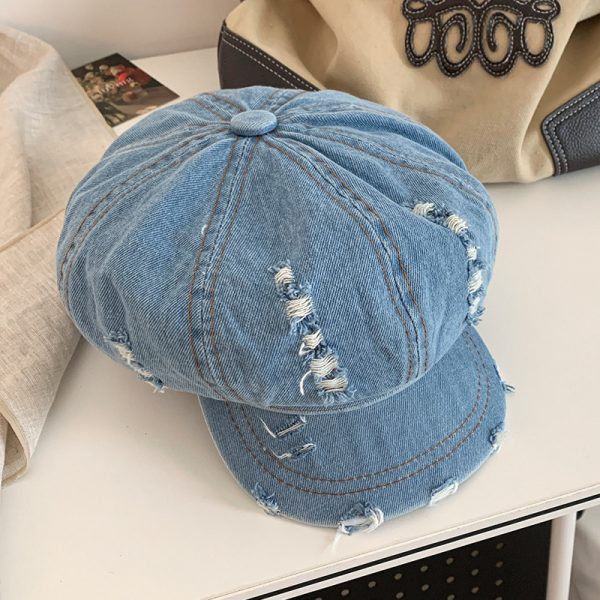 Retro Make Old Ripped Denim Beret Women - Image 8