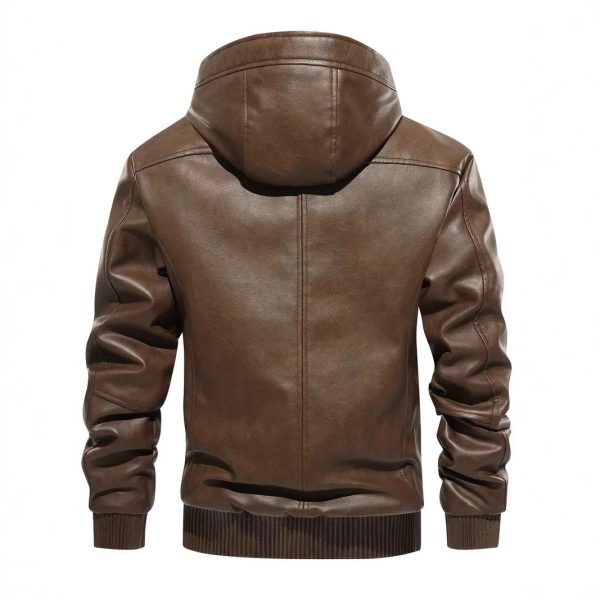 Winter Fleece-lined Men's Casual All-matching Hooded Leather Coat Coat - Image 4