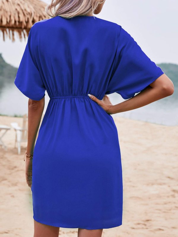 Solid Batwing Sleeve Twist Front Dress Vacation Beach Outfits Women - Image 5