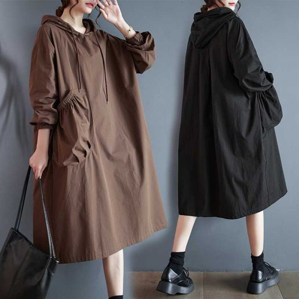 Korean Style Hooded Pullover Solid Color Plus Size Loose Pockets Large Swing Dress