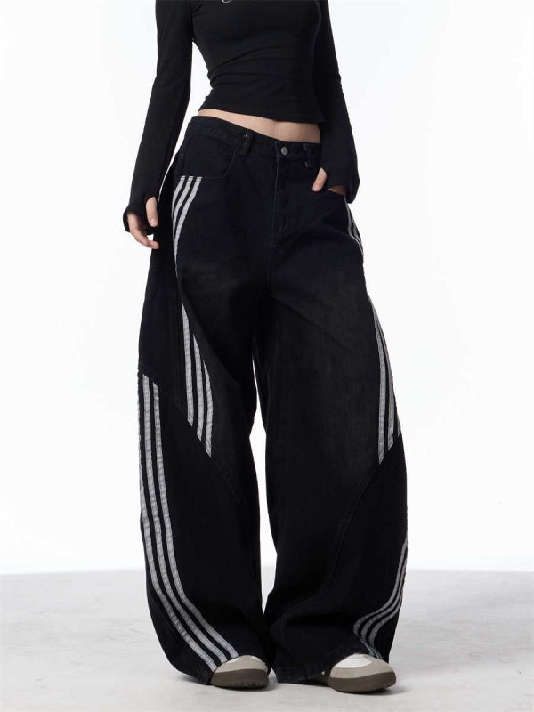 Retro Washed Jeans Women's Striped Stitching Wide-leg Pants - Image 5