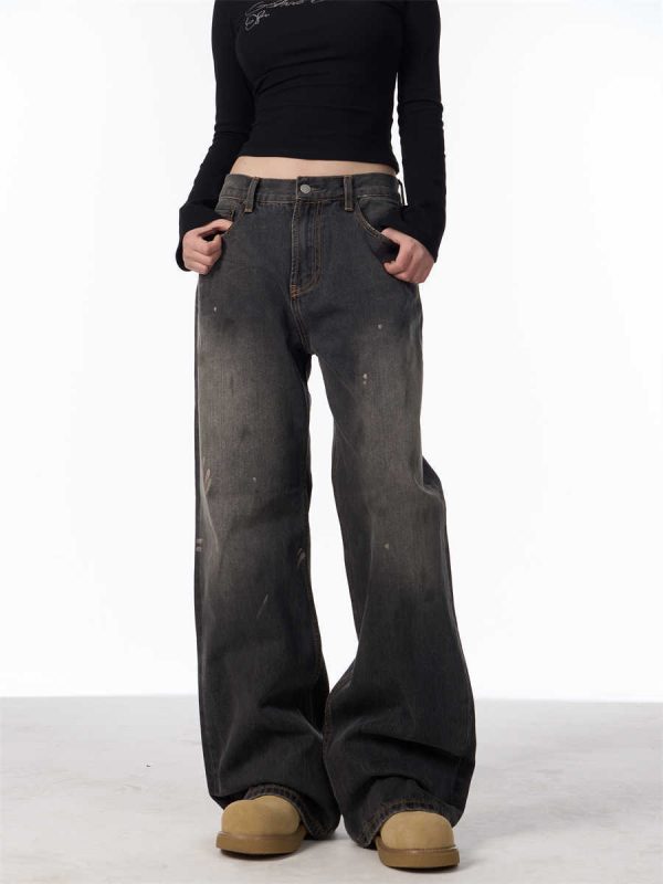 Retro Washed Splash-ink Straight Jeans For Women Loose Straight Trousers - Image 8