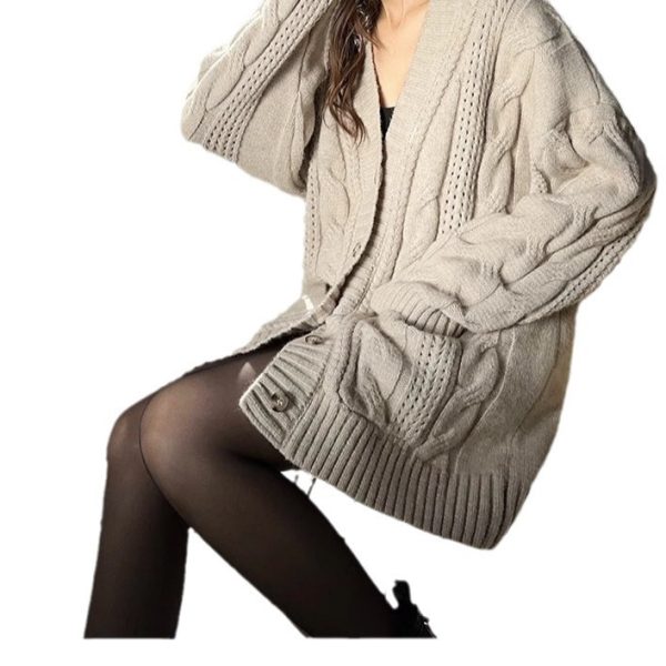 European And American Solid Color Cable-knit Sweater Knitted Cardigan Jacket - Image 5