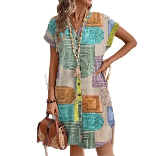 Printed Woven Elegant V-neck Button Dress - Image 5